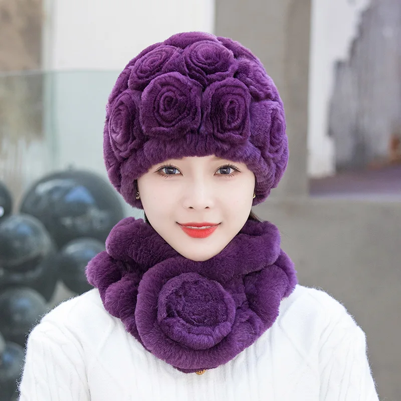 

X139 Women Knit Real Rex Rabbit Fur Hat Scarf Sets Natural Warm Rex Rabbit Fur Scarves Hat Winter 2pcs Hat Scarf