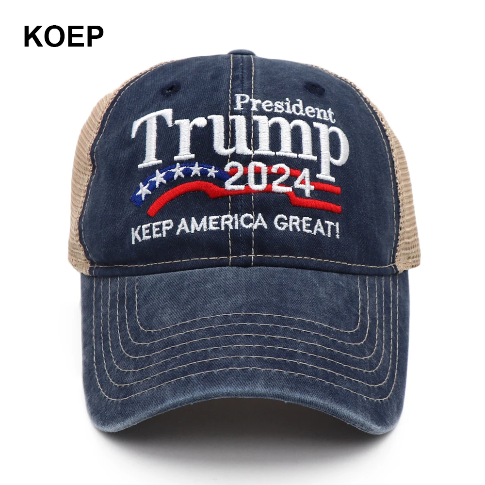 KOEP New Donald Trump 2024 Cap Washed Mesh Baseball Caps Keep America Great Snapback President Hat Embroidery Drop Shipping