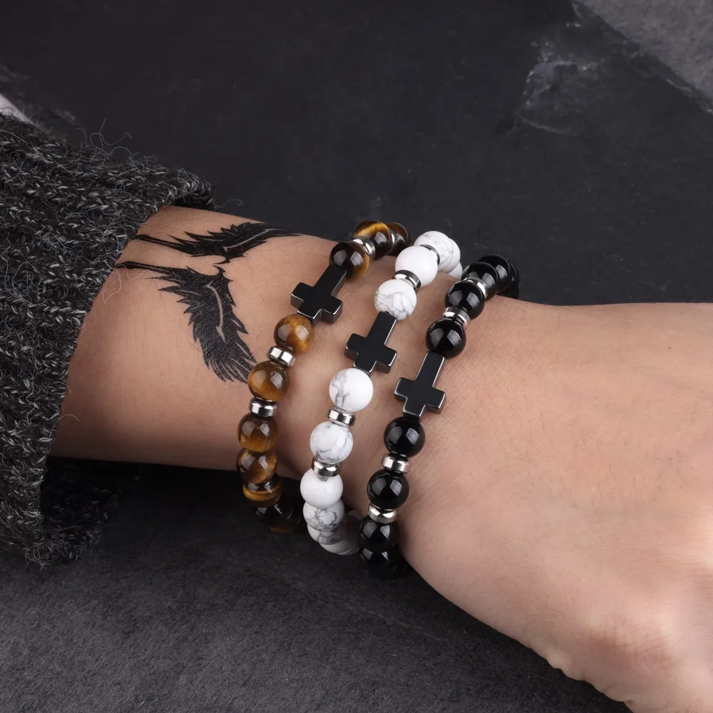 Natural Stone Bracelets Hematite Cross Pendent 8mm Tiger Eye Black Onyx Lava Howlite Bead Elastic Rope Bracelet For Men Gift