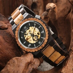 Mens Watches Top Luxury Mechanical Retro Black Face Automatic Skeleton Wooden Watch Clock Men Full Wood Band Business Wristwatch