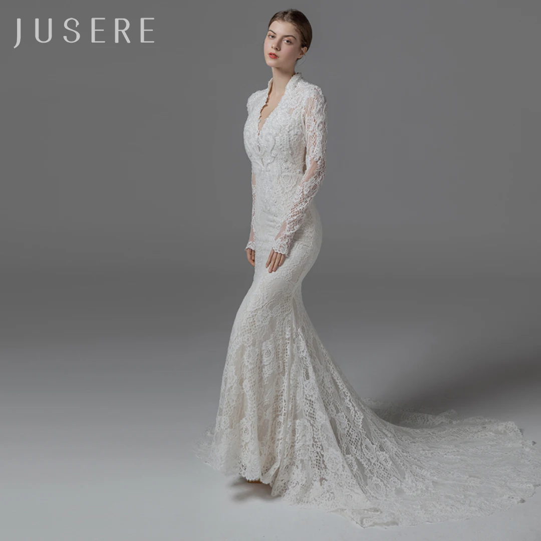 Jusere v-neckline long sleeves bridal dress sexy back wedding dress bridal gown mermaid beaded dress