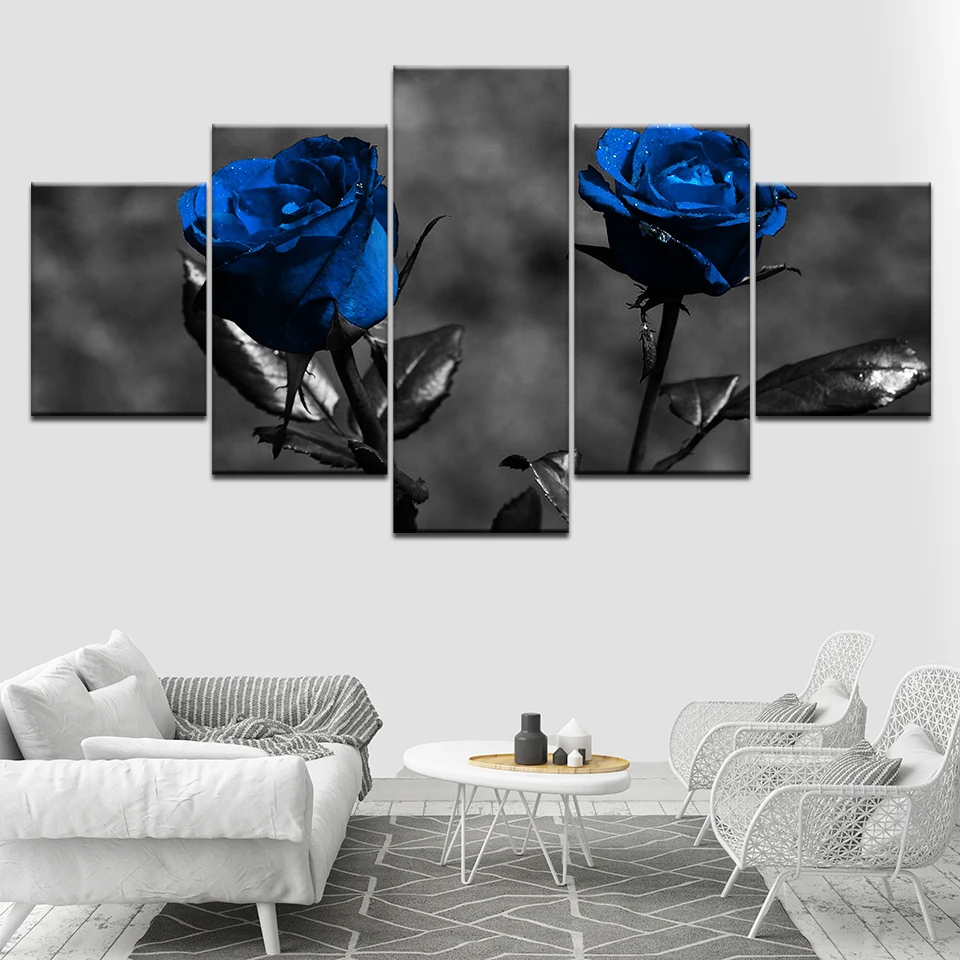 Poster Modular Pictures Canvas 5 Pieces Blue Roses Flowers Paintings Modern Art Framed Decor For Living Room Wall Home HD Prints