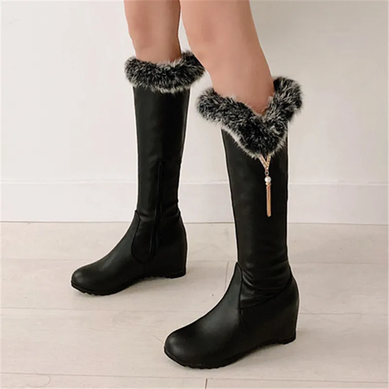 2021 Women Boots Autumn Winter Warm High Heel Round Toe New Fashion Mid-calf Zip Slope heel White black Big Size 34-43