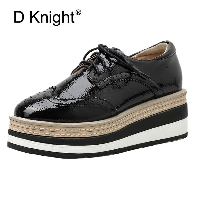 

England Lace Up Platform High Heels Brogues New Casual Female Shoes Pumps Spring Autumn Soft Leather Shoes Women Wedges Oxfords