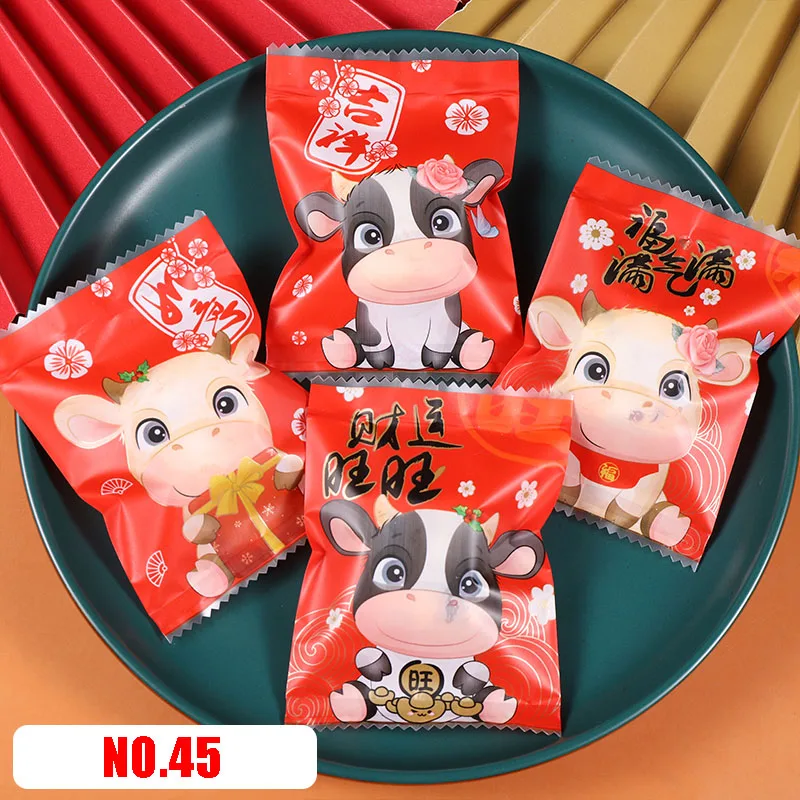 AQ 100pcs/lot Cute Cartoon Baby Milk Cow Gift Box Falling Cherry Blossoms Flower Pattern Red Frosted Baking Snack Food Packaging