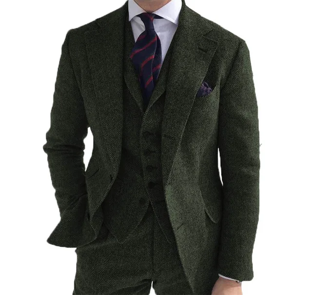 Abiti da uomo 3 pezzi Tweed di lana verde a spina di pesce Business Retro Classic PatternTuxedos per abiti da sposa (Blazer + pantaloni + gilet)