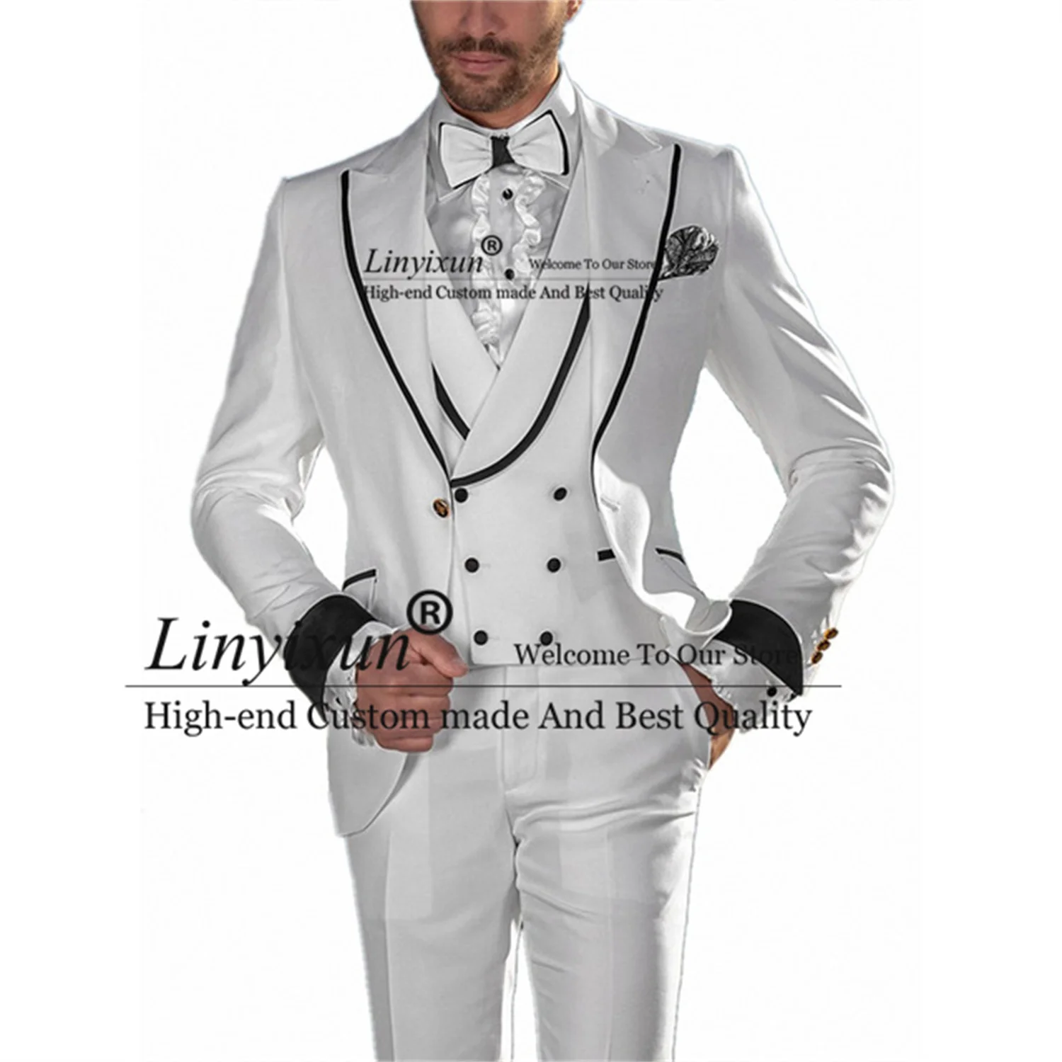 

Latest Coat White 3 Pieces Mens Wedding Suits Peaked Black Lapel Groom Wear Tuxedos Best Man Dinner Prom Blazer Terno Masculino