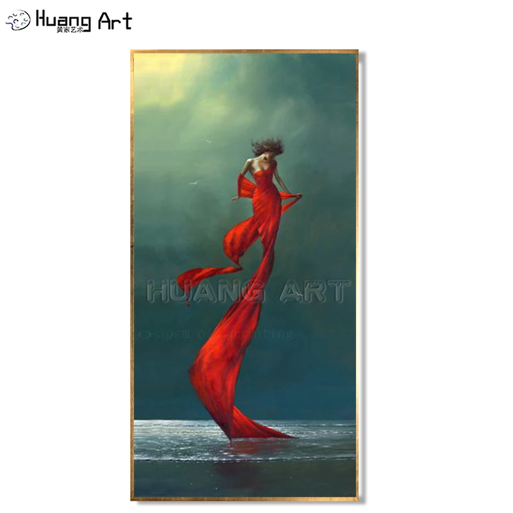 Top New Style Handmade Modern Abstract Lady Portrait Wall Artwork Sexy Girl in Red Full Dress Fly on the Sea Canvas Oil Painting