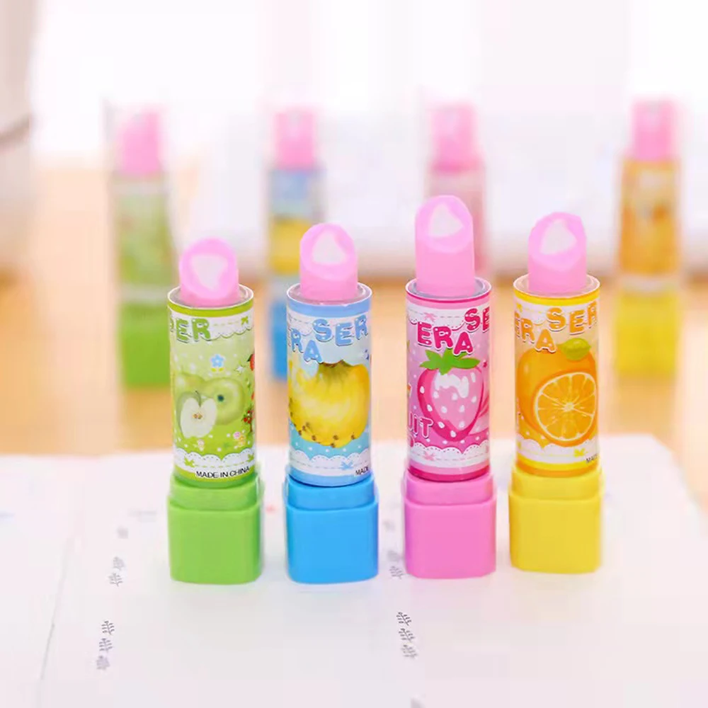 4Pcs/Lot Cute Pencil Rubber Eraser Mini Cartoon Lipstick Erasers Kids Novelty Stationery School Office Kawaii Correction Eraser