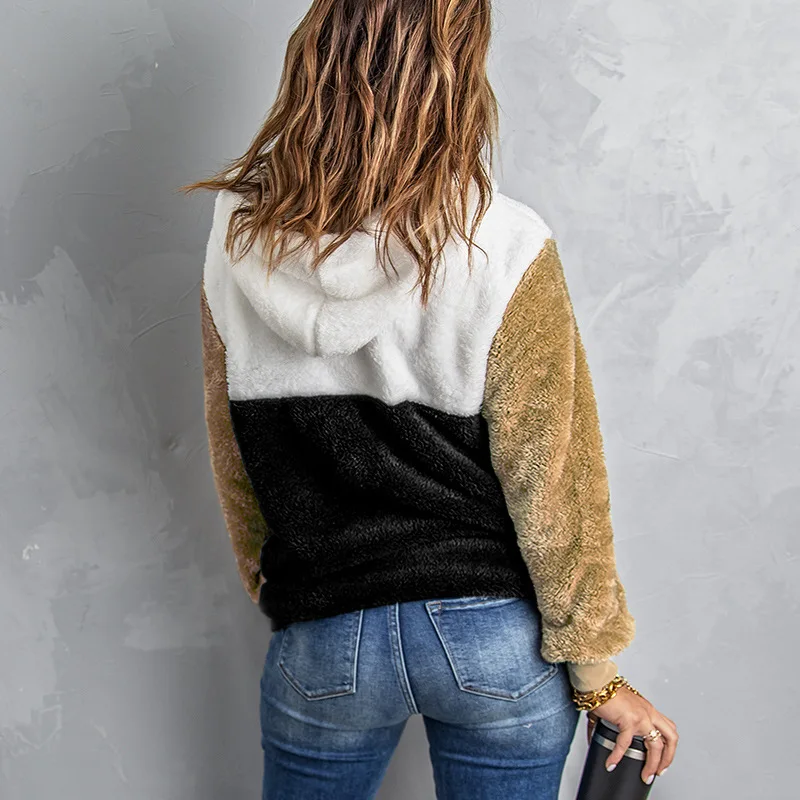 Contrast Color Sweatshirt Women's Autumn and Winter Zipper Half Cardigan Long Sleeve Hooded Sweater Women