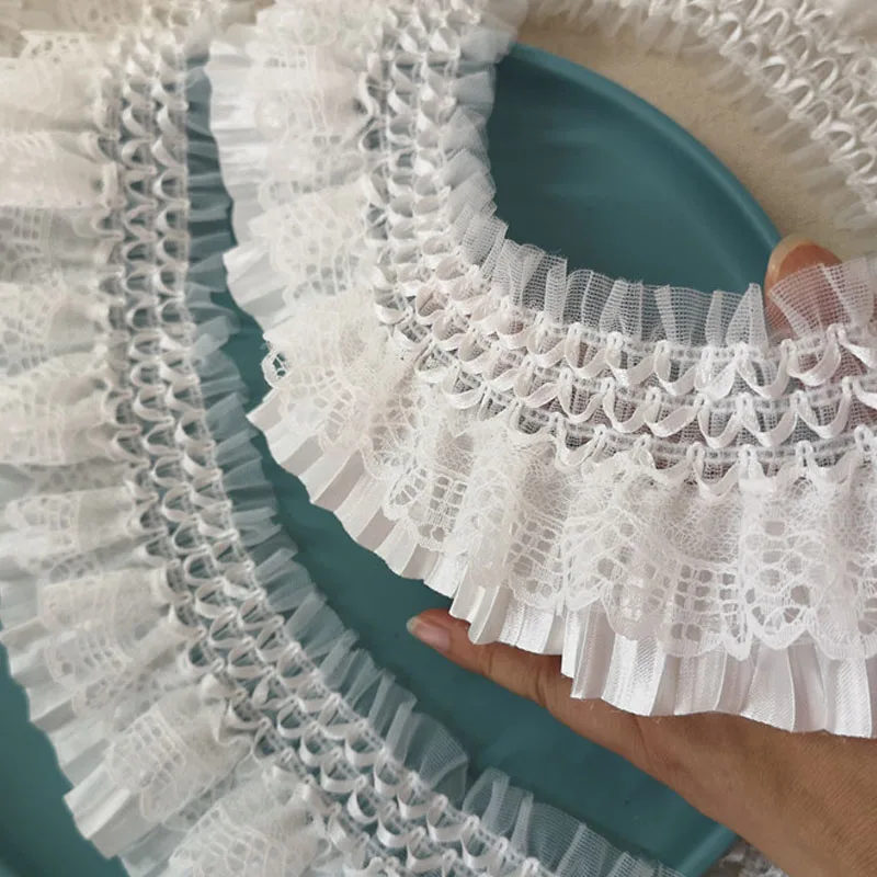 7cm White Pleated Net Lace Edge Trim Ribbon Fabric Embroidery Applique Sewing Craft Crochet Wedding Dress Collar Ruffle Clothes