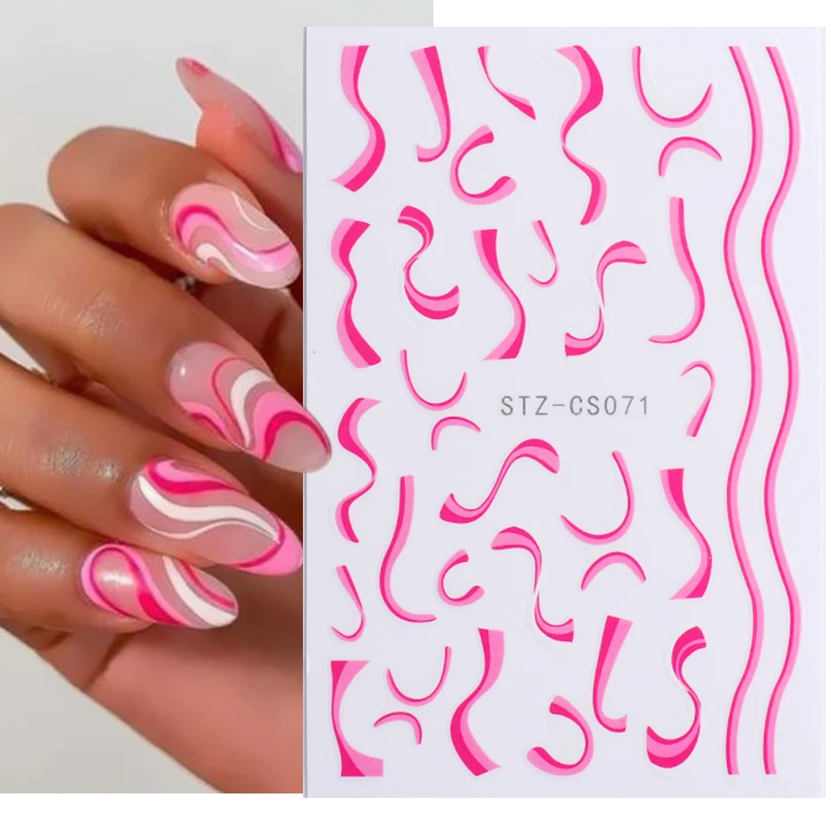 3D Goud Roze Nail Stickers Abstract Swirl Golf Lijn Regenboog Streep Grafische Slider Franse Tips Nail Folie Decoratie NLSTZ-CS070