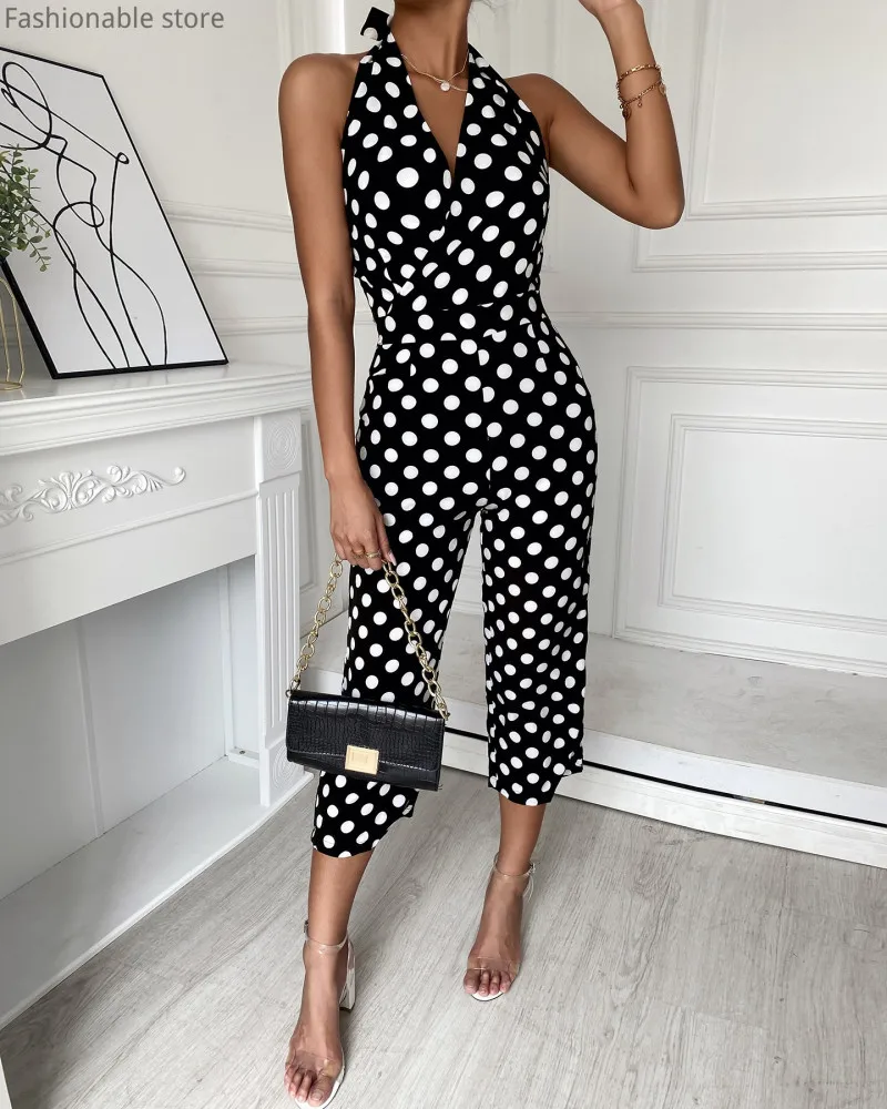 Women Polkadot Print Halter Rompers Sexy Sleeveless Backless Lace-up Calf-length Jumpsuits