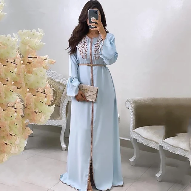 Blue Moroccan Kaftan Caftan Muslim Evening Dresses A line Long Sleeves Chiffon Beading Dubai Arabic Turkey Abaya Islamic Gown Evening Dresses