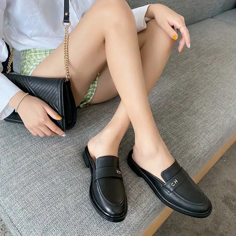 Lenkisen Large Size Cow Leather Round Toe Low Heel Fashion Rainbow Mules Slip on Slingback Summer Brand Women Outside Slippers