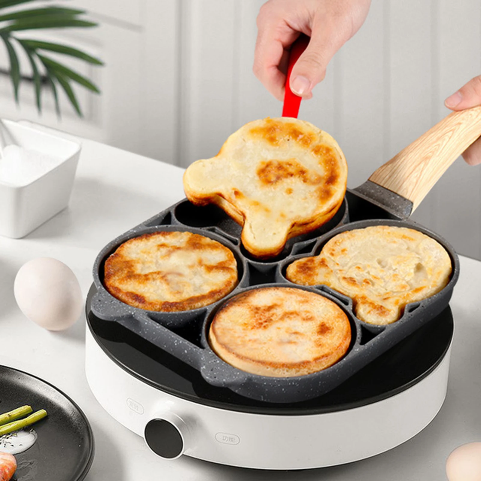 4 Hole Frying Pan Wooden Handle Frying Pancake Pan Aluminum Alloy Non-stick Saucepan Egg Cooking Breakfast Kitchen Omelet Pot