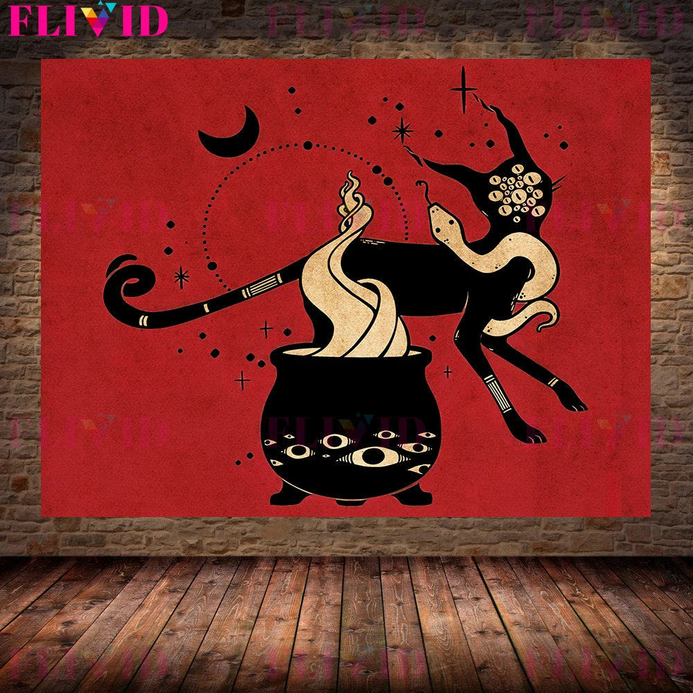 Spooky Cat And Witches Kitchen Wall Art Canvas Painting Divination Witch Cat And Crystal Ball Poster And Prints Decor Unframed