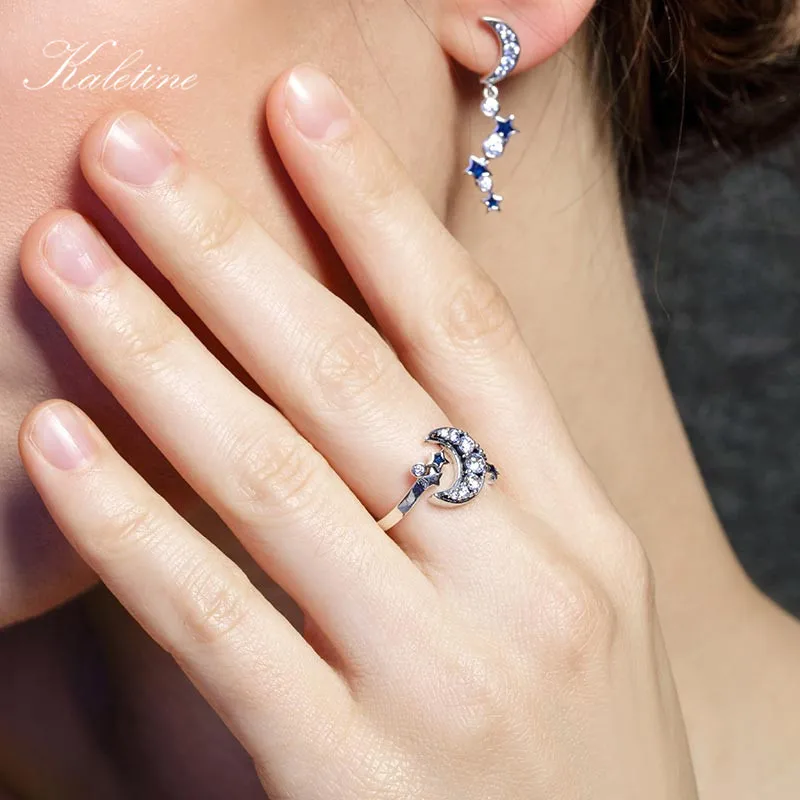 Kaletine 925 Sterling Silver Adjustable Ring Crescent Moon Blue Star Open Finger Rings for Women Wedding Engagement Jewelry Gift