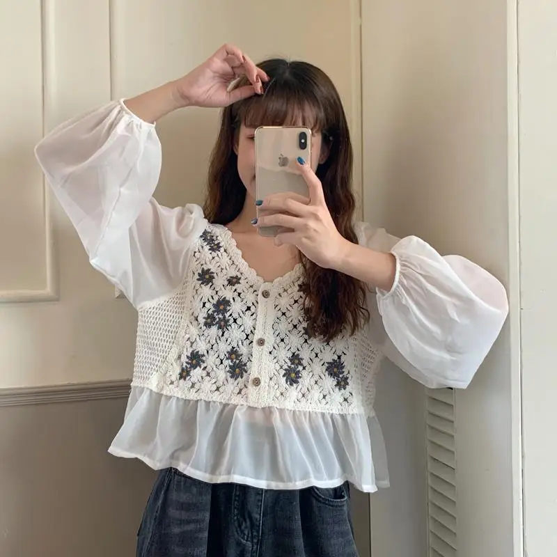 

Retro White Embroidery Chiffon Shirts for Women Plus Size Sexy Puff Sleeve Tops Elegant Ladies Ruffle T-Shirts Fall Blusas Mujer