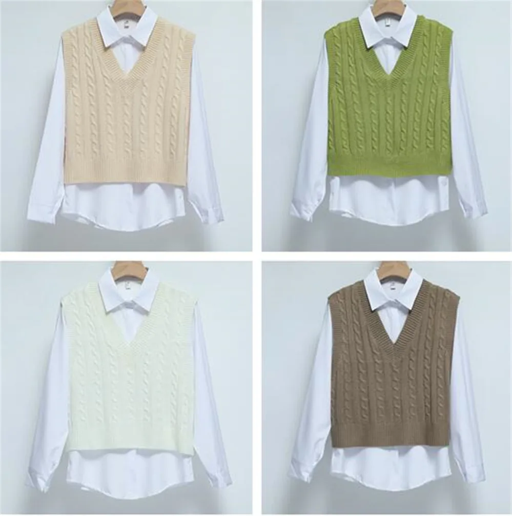 2023 Autumn Sweater Vest Women\'s Solid Knitted Vest Korean Style Student V-neck Pullover Loose Casual Knitting Tops Outerwear