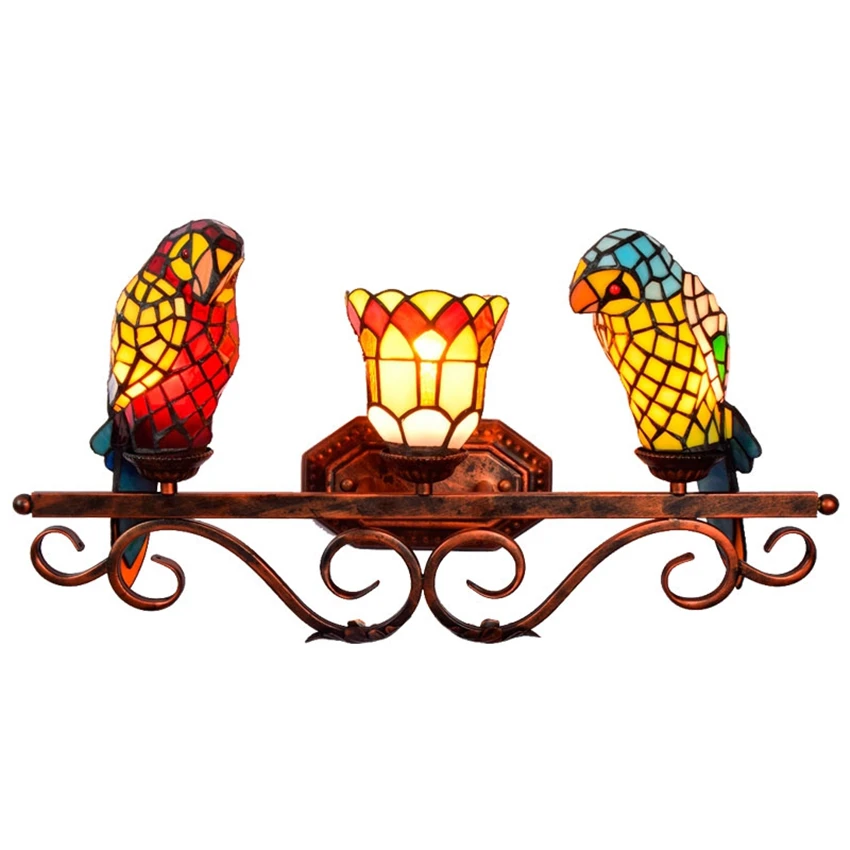 Parrot Stained Glass Wall Lamps Hotel Bedroom Bedside Lamps Pastoral Aisle Living Room Sconces Wall Lights Fixtures