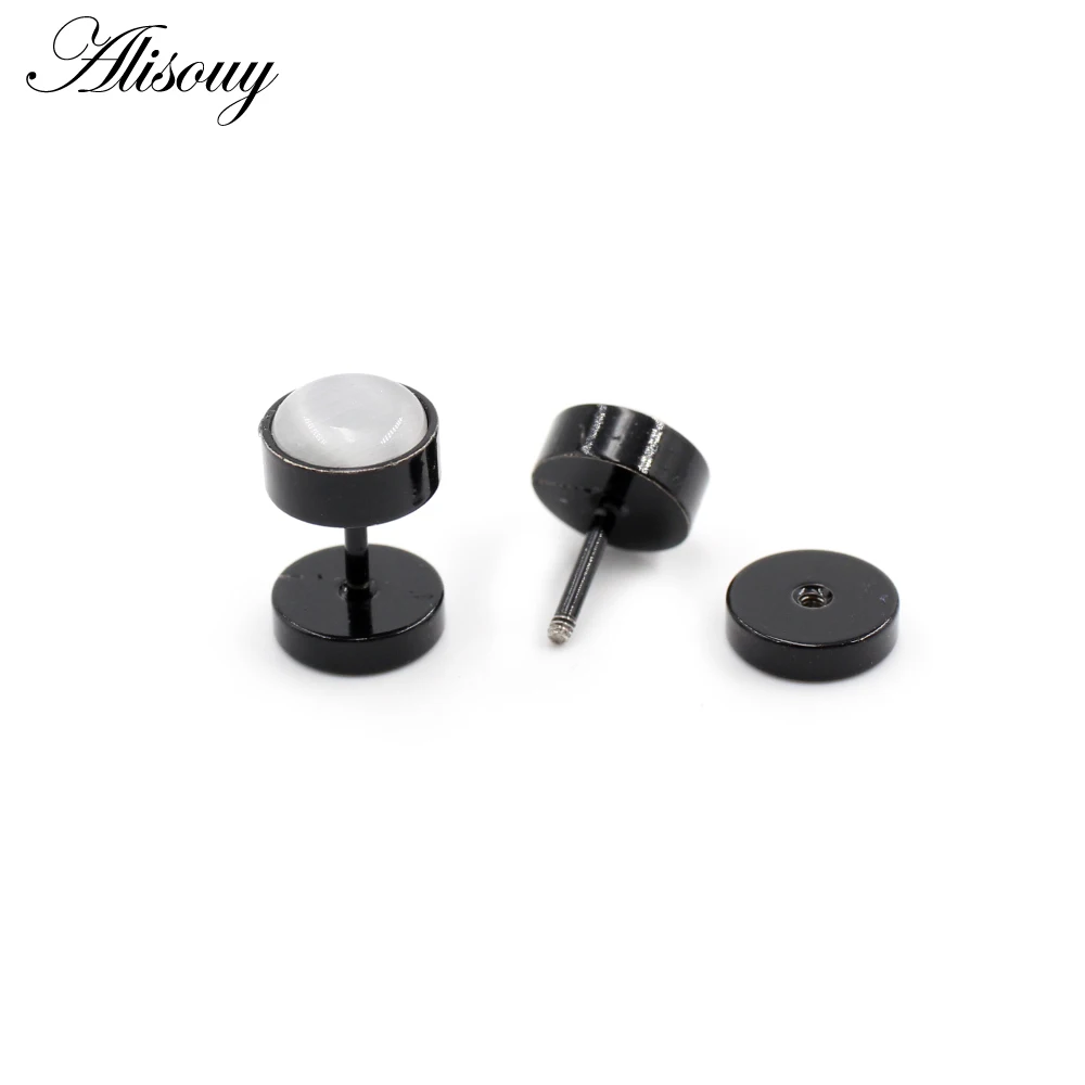 Alisouy 2pcs Punk Rock Black Stainless Steel Round Stones Women Men Unisex Barbell Ear Stud Dumbbell Earrings Pierceing Jewelry