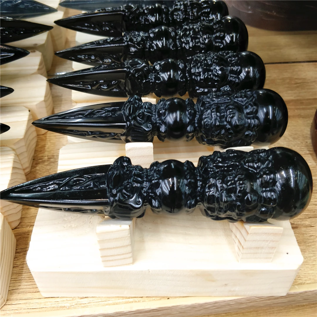 Natural Black Obsidian Crystal Customized Design Vajra Descending Pestle Sculpture Handicraft Figurine Spiritual Decor For Witch