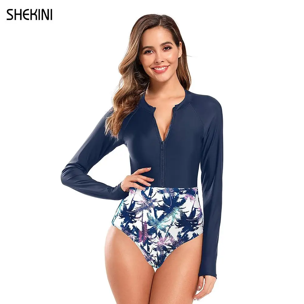 SHEKINI Women's Round Neck Long Sleeve Rash Guard One Piece Swimsuit Zip Front Printed Swimwear UV Protection Beach Bathing Suit