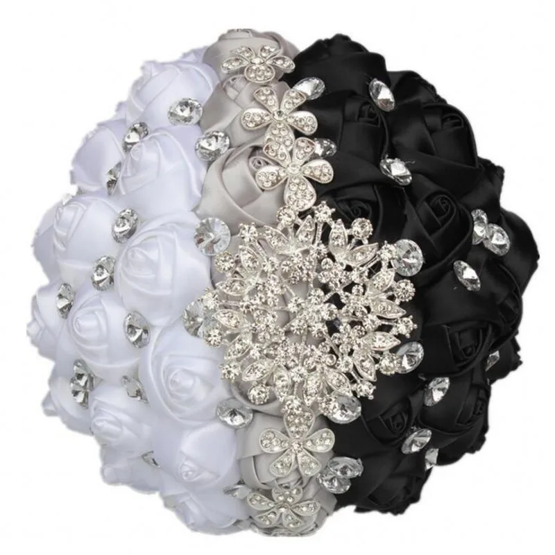 

Black and White Wedding Bouquet Rose Flowers Satin Crystal Beaded Bridal Bouquets Country Designer Fashion