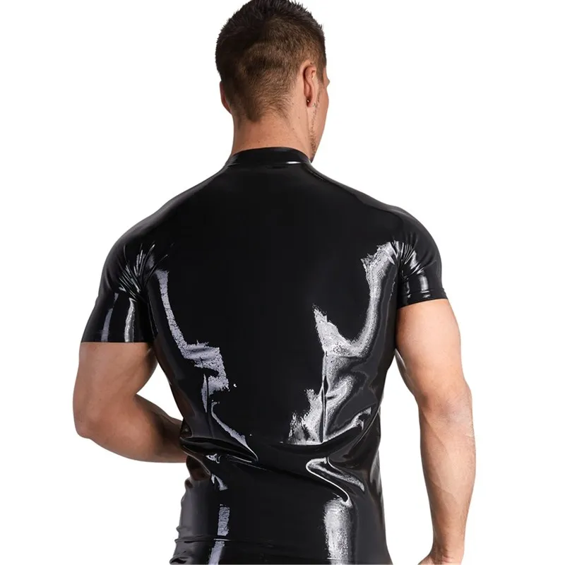 Wetlook-camisetas de cuero de PVC para hombre, Tops negros Punk ajustados, ropa de Fitness de manga corta con cremallera, Tops de escenario, ropa