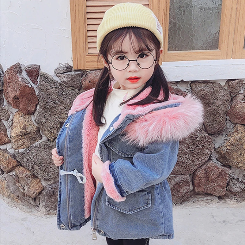 

Winter Baby Girls Jacket Children Thicken Plus Denim Hooded Jacket Fur Collar Fashion Cotton Coats Kids Outerwear Casual Clothes