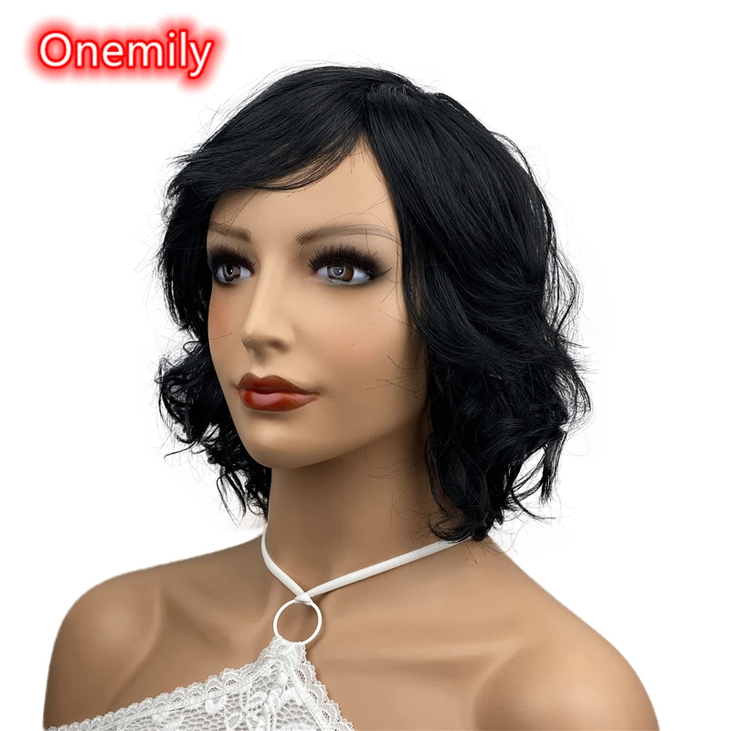 Onemily-Peluca de cabello sintético para mujer y niña, cabellera de onda corta ondulada, rizada, resistente al calor, con flequillo, fiesta de noche, color negro azabache