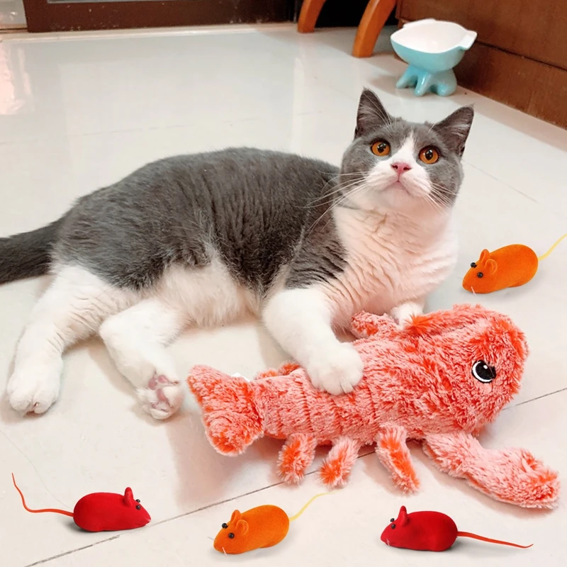 5PCS Cat Chew Toys Fluffy Electric Lobster Fake Mice Pet Bite Toys Catnip Toys Electric With USB Fake Prawn Mouse Toy For Cat