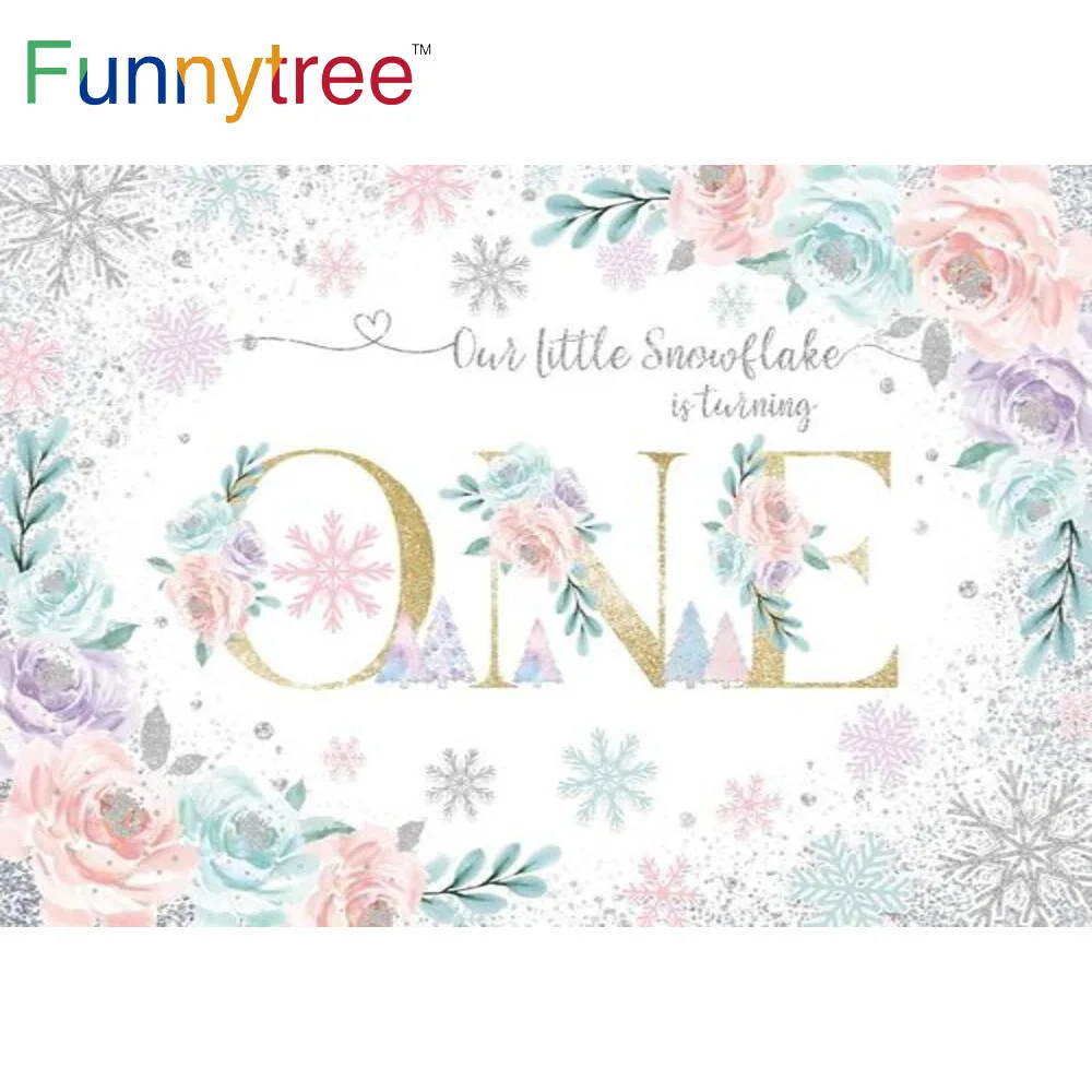 

Funnytree 1st Birthday Party Baby Shower Background Snowflake Flowers Silver Dots Branches Decoration Photozone Backdrop