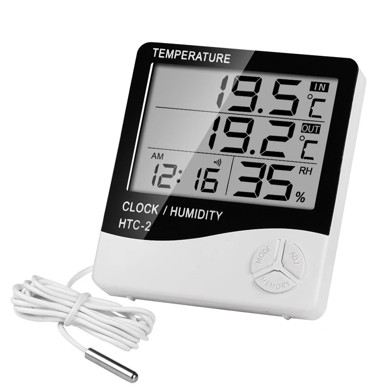 HTC-2 Indoor Room Digital Thermometer Hygrometer Electronic Humidity Temperature Meter Clock with External Outdoor Probe Sensor