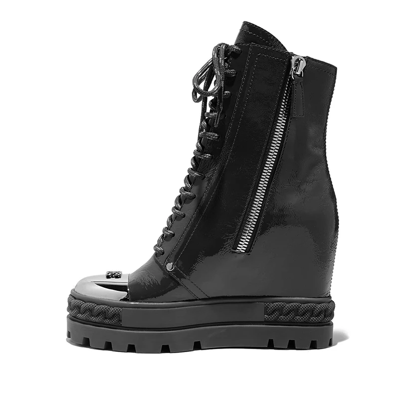 New Thick Platform Sole Inner Height Increased Ankle Boots Patent Leather Round Metal Toe Zipper Roman Boots High top Sneaker