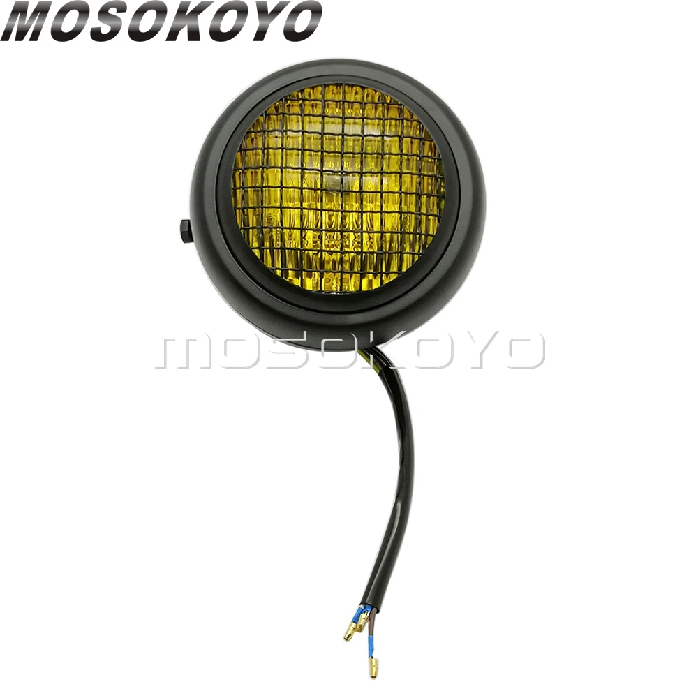 Retro Yellow Lens Headlight Sealed Beam Mesh Grill Guard High/Low Beam Headlamp for Harley Cafe Racer Scrambler Chopper