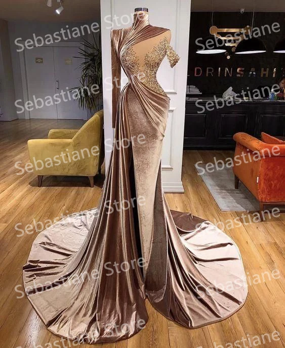 Vestido de noite elegante sereia veludo feminino, mangas compridas, divisão alta brilhante, gola alta, vestido de baile, feito sob encomenda