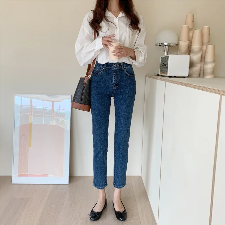 Elegant Chic High Waist Ankle Length Jeans For Women Spring Summer Chic Slim Straight Denim Pants Lady Casual Jeans Trousers