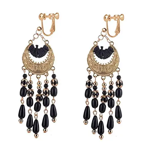 GRACE JUN Handmade Fashion Tassel Clip on Earrings Women\'s Statement Bohemian Ethic Bead Gold Color No Pierced Vintage Ear Clip