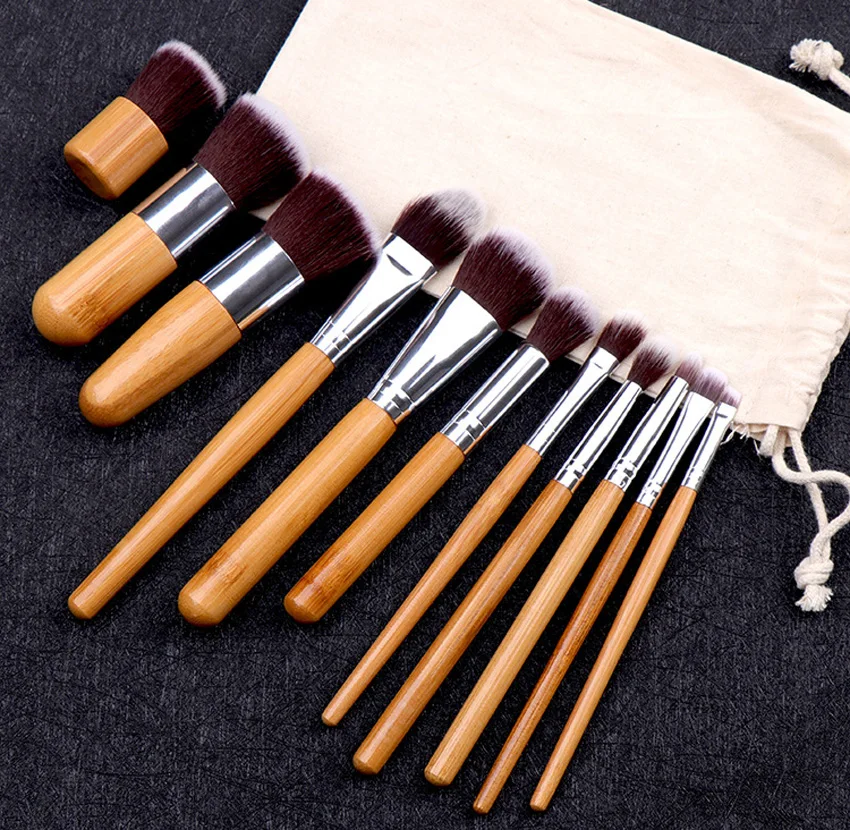 SAIANTTH 11pcs bamboo handle makeup brushes set Burlap bag professional cosmetic tool eye face beauty make up kit