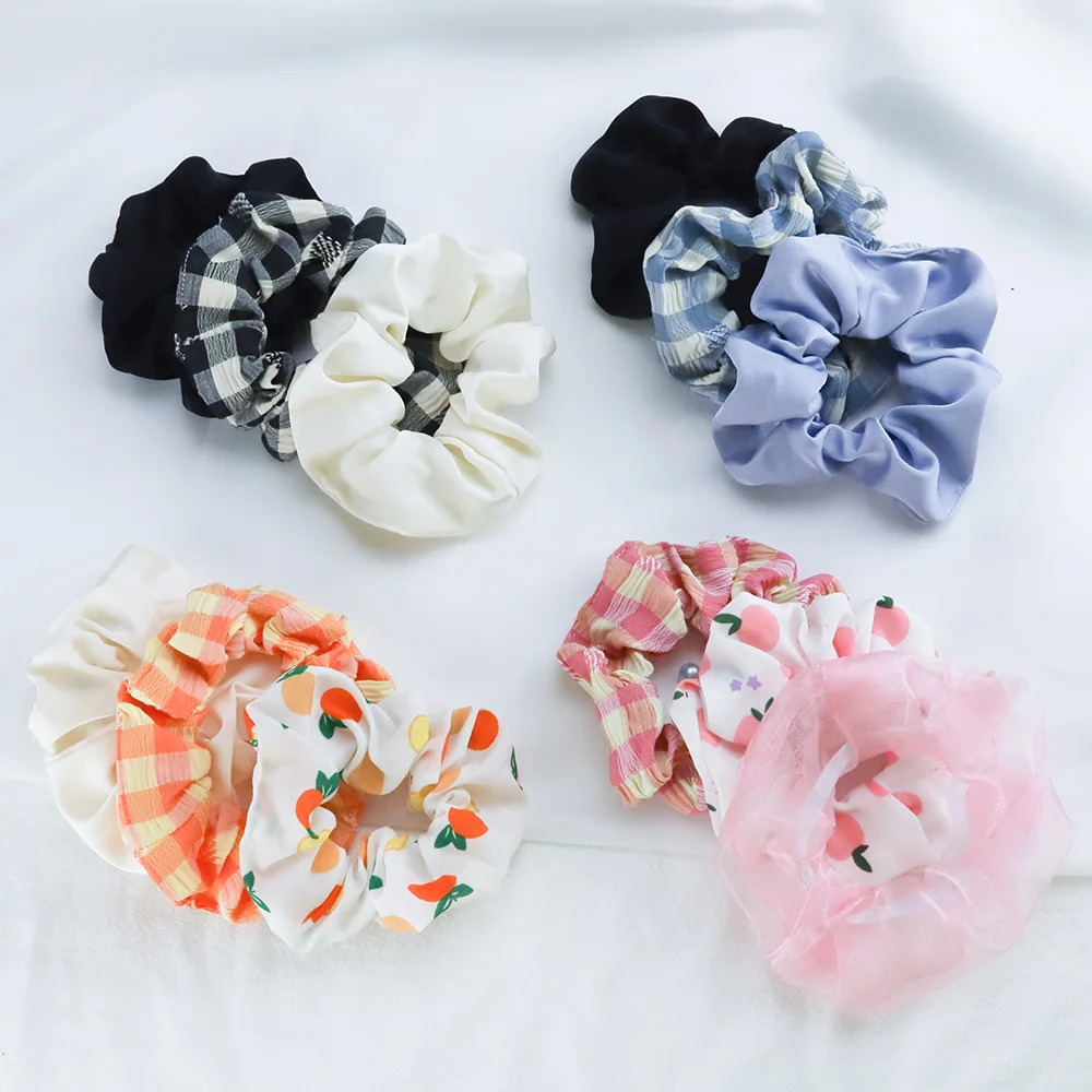 3PCS Cute Lattice Fruit Scrunchies Set Elastic Rubber Hair Band Women Girls Solid Headband Ponytail Holder Hair Ties Accessories