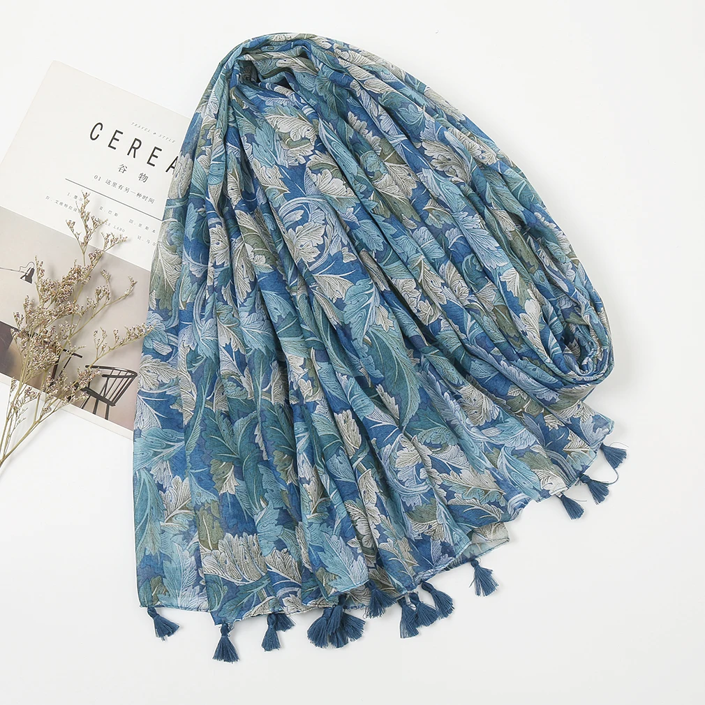 High Quality Floral Printed Women Scarf Spring Summer Tassel Shawls and Wraps Women\'s Headscarf Soft Ladies Hijab Blue Scarf 1pc