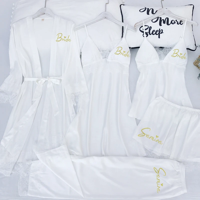 Personalized name Women Kimono Bathrobe Bride Bridesmaid Wedding Robe Set Lace Trim Sleepwear Casual Home Clothes Nightwear