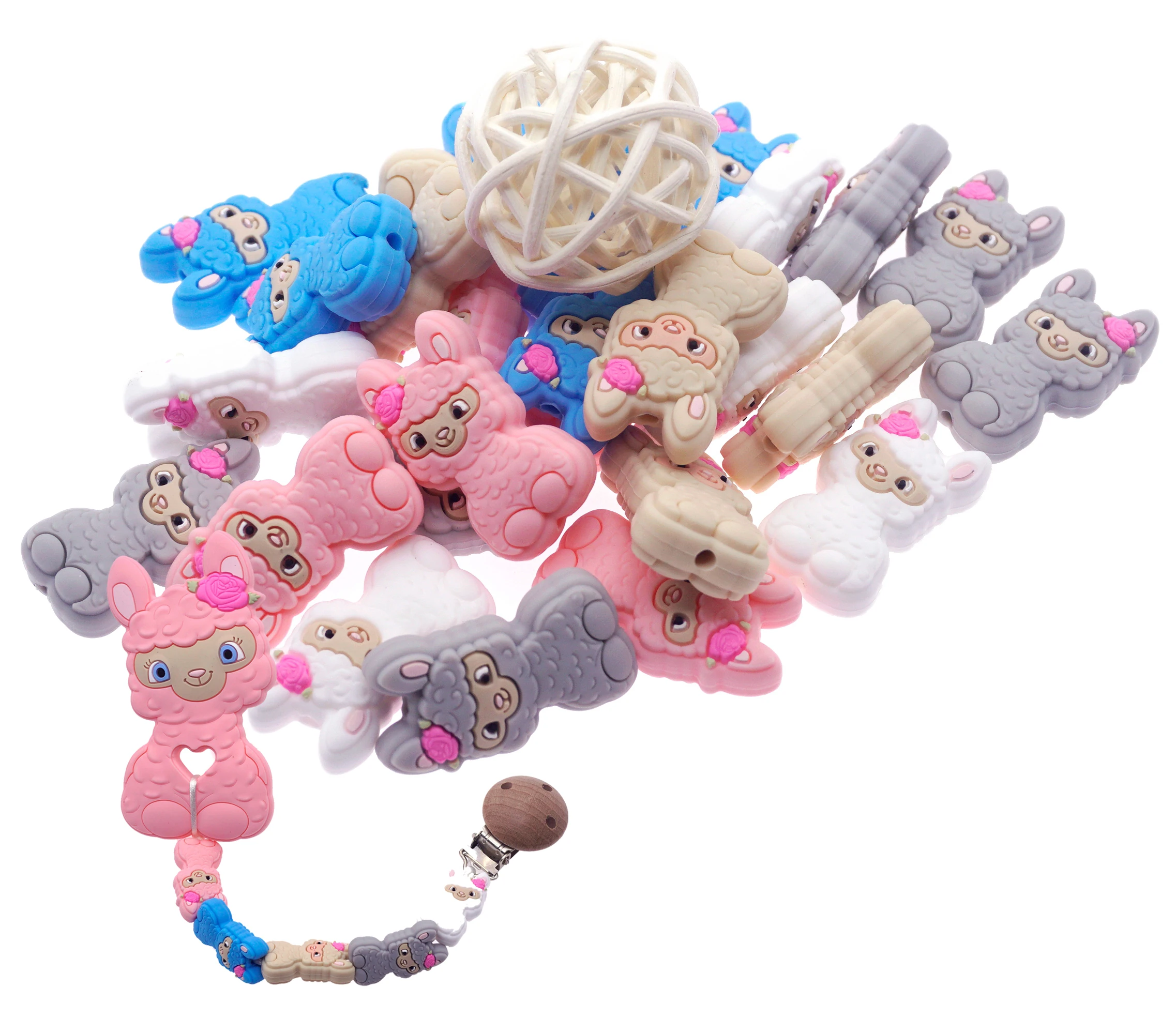 Sutoyuen 30pcs Alpaca Silicone Sheep Beads Baby Teether Cute Cartoon Chewable Loos Bead For DIY Pacifier Chain Bracelet Necklace