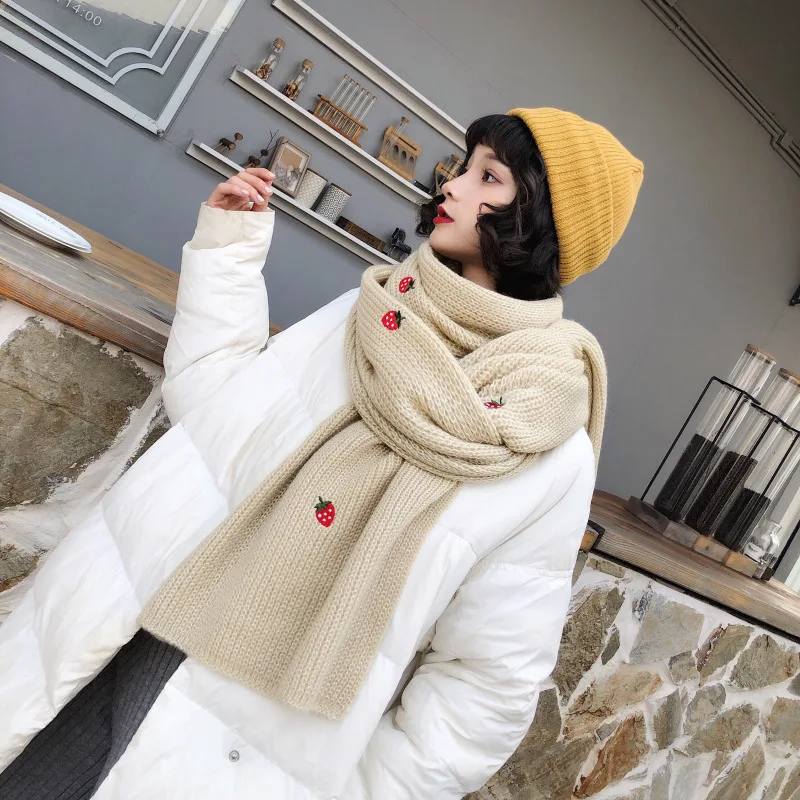 Scarf Female Winter Korean Students All-Match Thick Knit Long  Warm Harajuku Small Fresh Wool Women Scarves Simple Bufanda