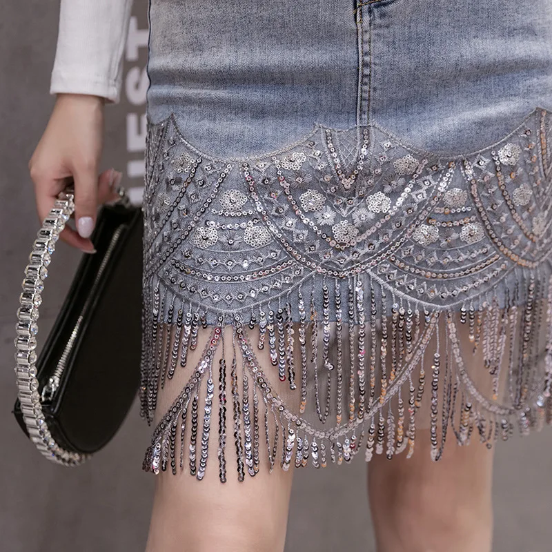 Sequins Patchwork Embroidery Jeans Skirt Women Elegant Fashion High Waist Sequin Fringe Skirt Office Lady Work Mini Denim Skirts