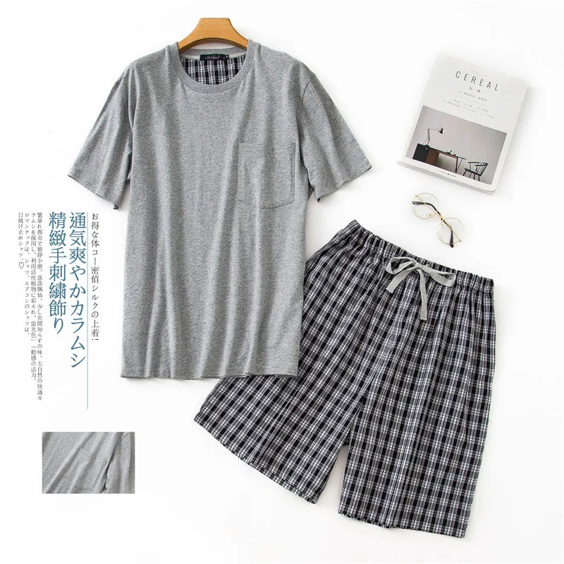 New O-Neck Cotton Mens Summer Woven Short Sleeve Shorts Pajamas Set Men Pijamas Big Size Plaid Sleepwear Leisure Suits Nightwear