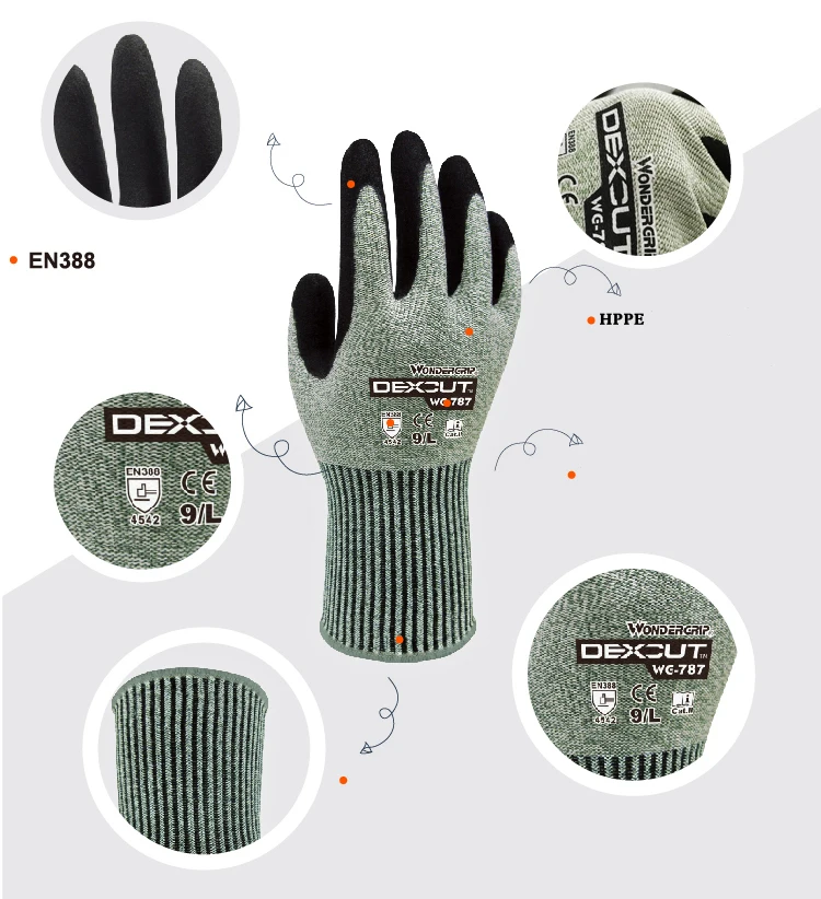 ANSI A4 Anti Cut Resistant Work Gloves Butcher Micro Foam Nitrile Maxi High Flexi HPPE Fiberglass Slicing Proof Gardening