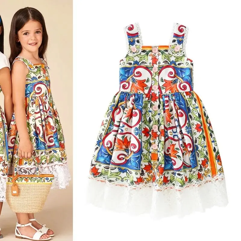 

Girl Dresses 3-10Y Kids Lace Sling Dress Floral Print A line Princess Dress Summer Fashion Clothes Kids Party Dresses For Girls